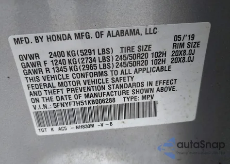 2019 Honda Passport Ex-L z USA, uszkodzony, nr VIN 5FNYF7H51KB006288